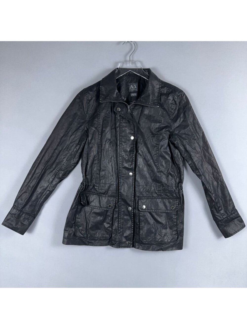 Armani Exchange Jacket Size Small Black Waxed 100% Cotton Plaid Lining